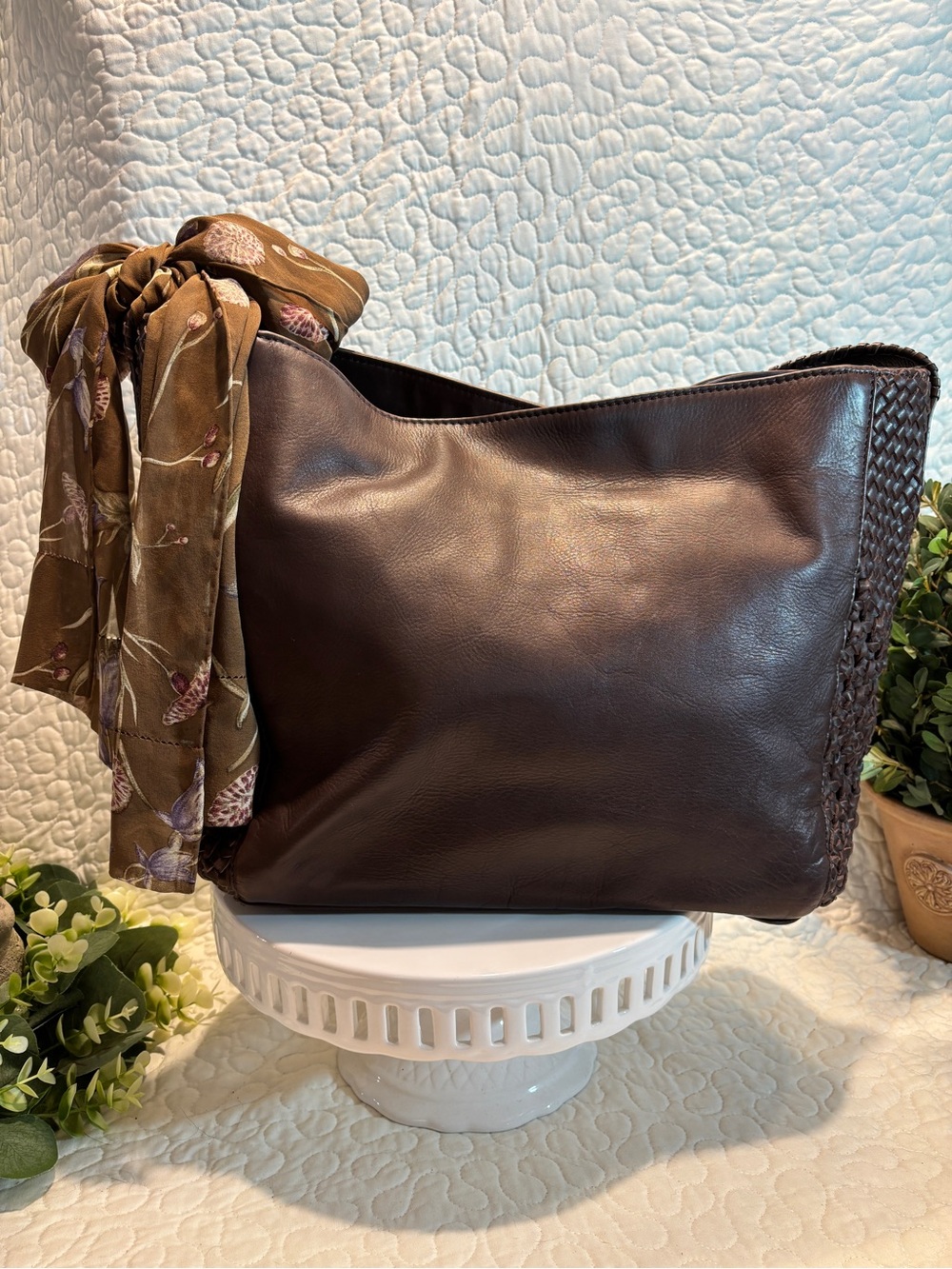 Elegant Dark Brown Leather Shoulder Bag with Woven Trim and Whip Stitched Strap